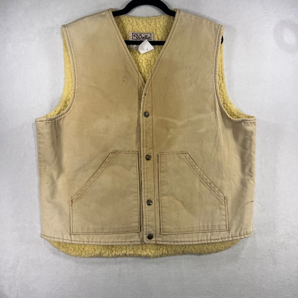 Walls Blizzard-Pruf Mens Tan Canvas Sherpa Lined Workwear Vest USA‎ Made L 90s